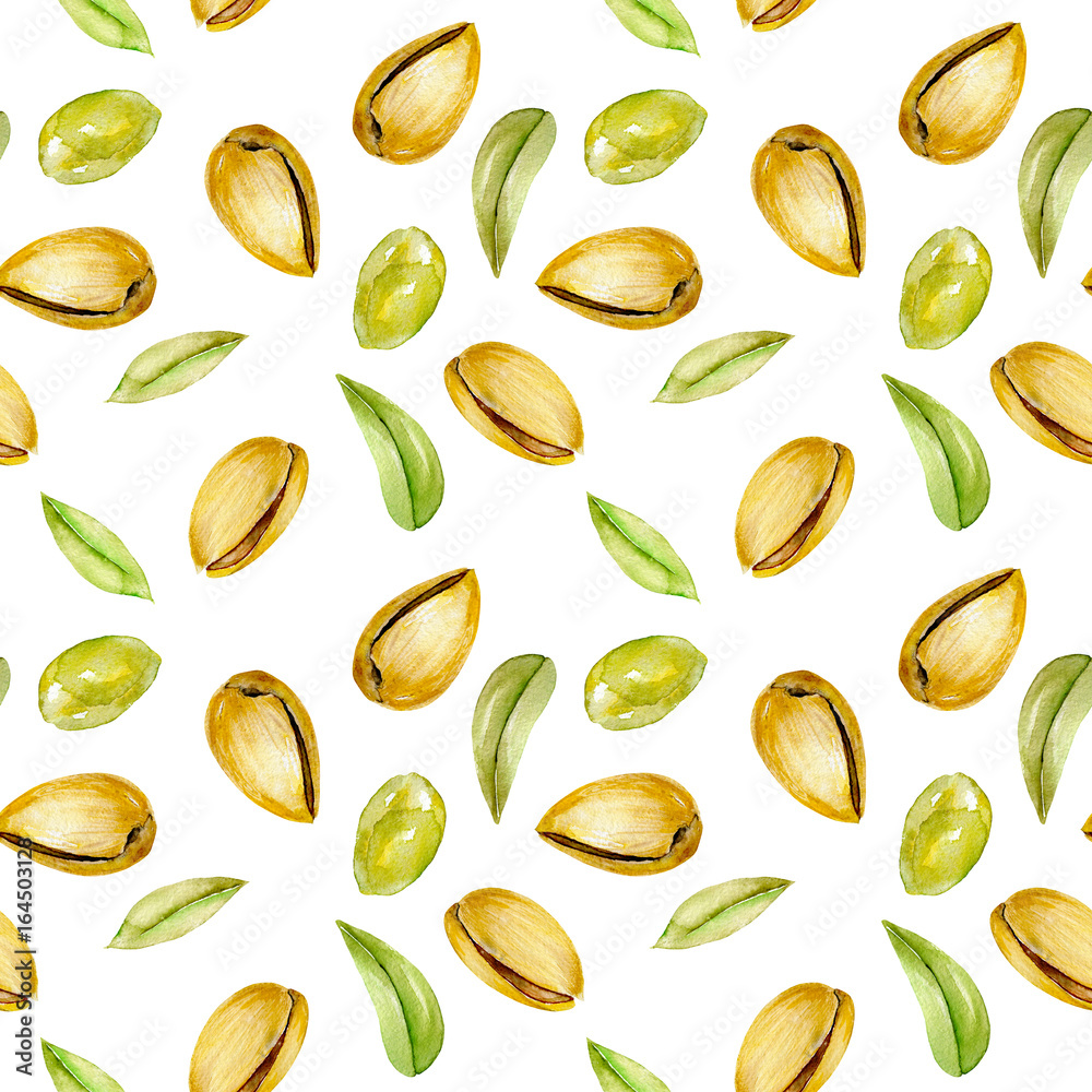 Seamless pattern with watercolor pistachios elements, hand painted isolated on a white background Seamless pattern with watercolor pistachios elements, hand painted isolated on a white background