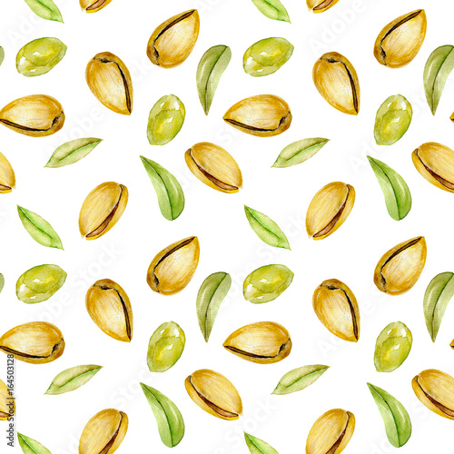 Seamless pattern with watercolor pistachios elements, hand painted isolated on a white background