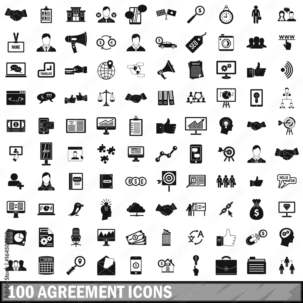 100 agreement icons set, simple style 100 agreement icons set, simple style
