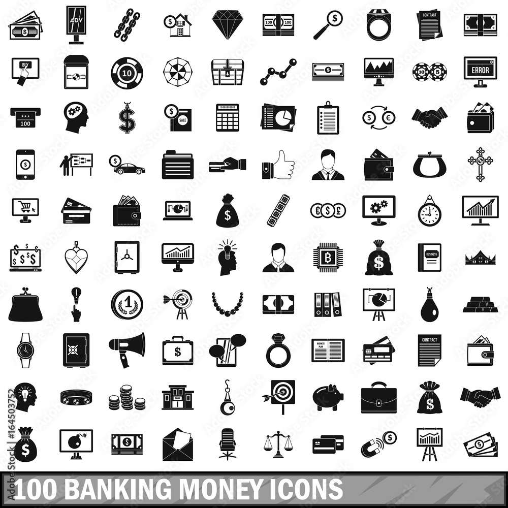 100 banking money icons set, simple style 
