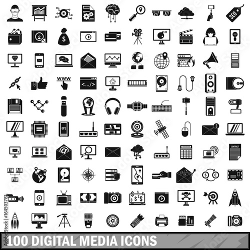 100 digital media icons set, simple style 
