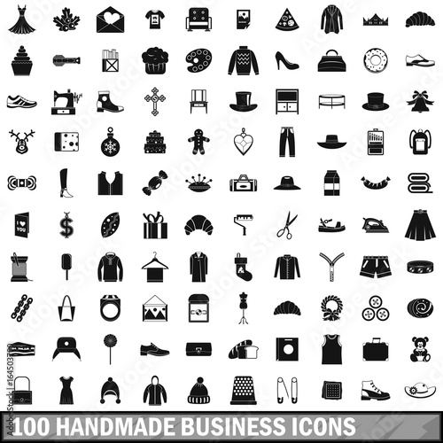 100 handmade business icons set, simple style  photo