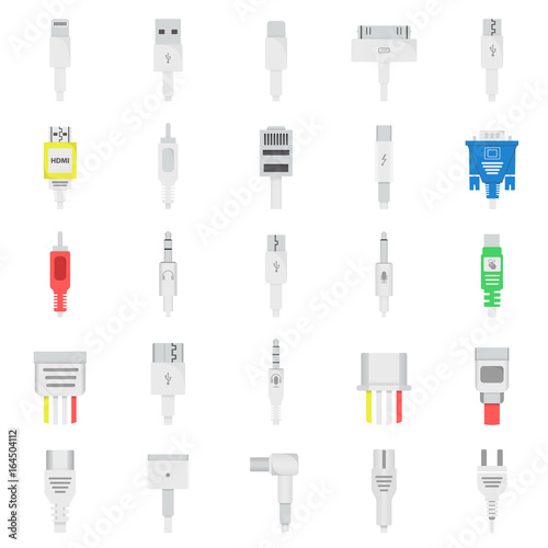 Electric plug, connectors and jack flat line icons set. Collection Connection technology, connector electric power, mobile devices connect, wire and socket