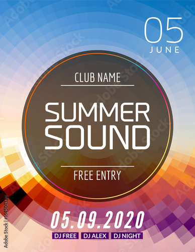 Music summer party poster graphic design. Disco dance flyer or poster template. Summer sound party event