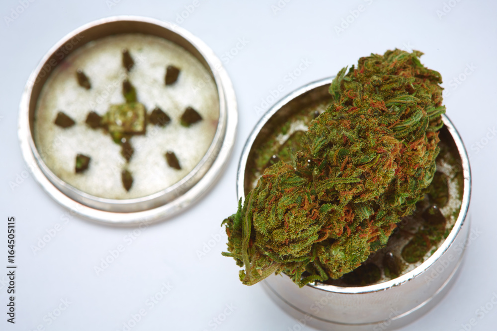 Close up of medical marijuana flower Durban Poison strain on white background Close up of medical marijuana flower Durban Poison strain on white background