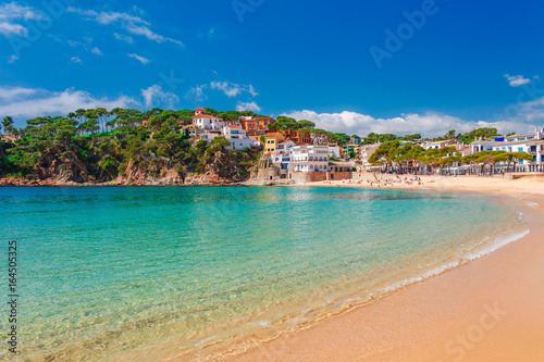 Sea landscape Llafranc near Calella de Palafrugell  Catalonia  Barcelona  Spain. Scenic old town with nice sand beach and clear blue water in bay. Famous tourist destination in Costa Brava
