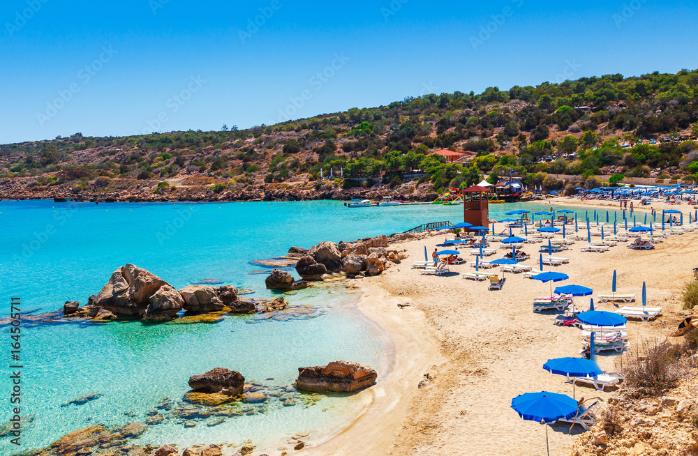 Beautiful landscape near of Nissi beach and Cavo Greco in Ayia Napa, Cyprus island, Mediterranean Sea. Amazing blue green sea and sunny day.