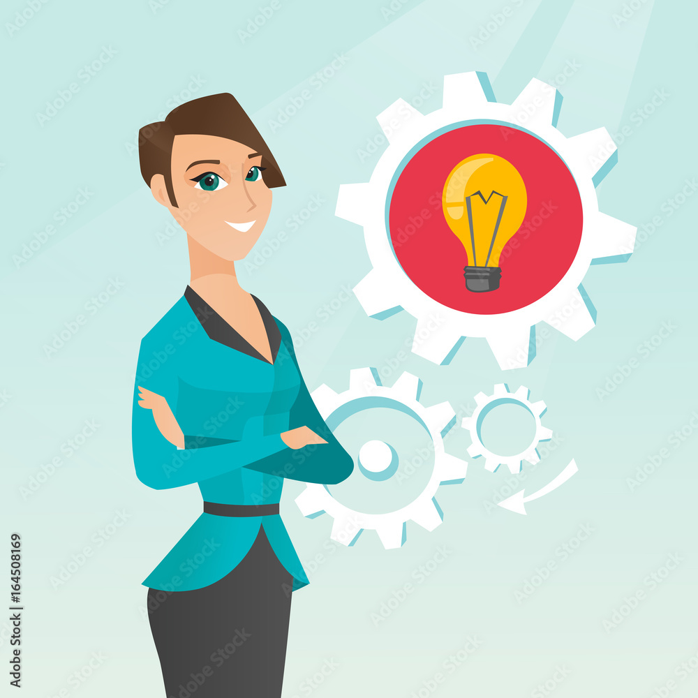 Caucasian woman with business idea bulb in gear. Caucasian woman with business idea bulb in gear.