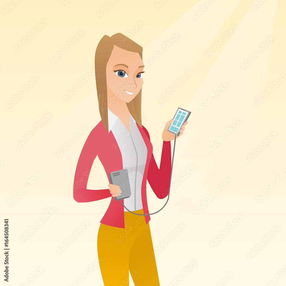 Woman reharging smartphone from portable battery. Woman reharging smartphone from portable battery.