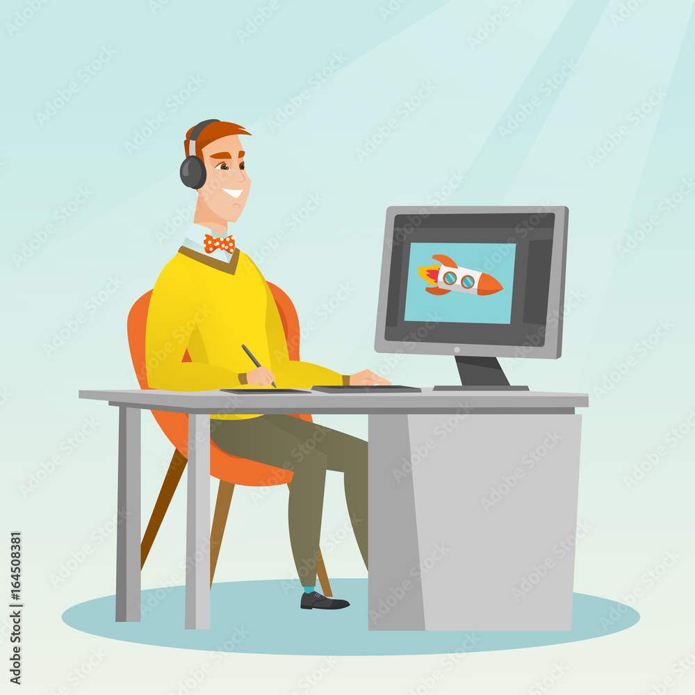 Caucasian designer using digital graphics tablet. Caucasian designer using digital graphics tablet.