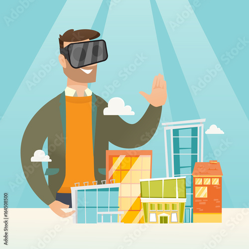 Caucasian man wearing virtual reality headset.