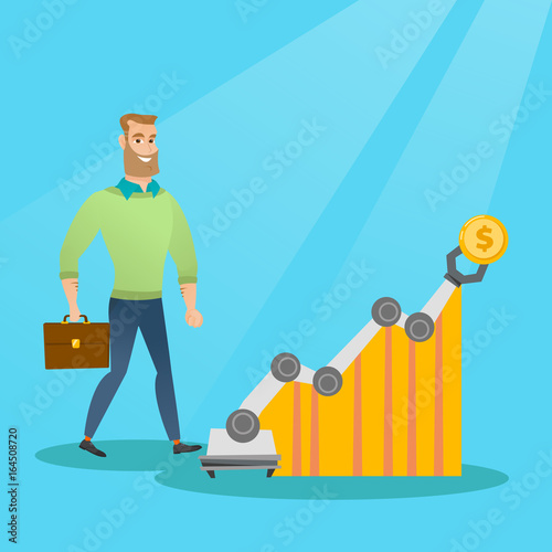 Man looking at profit chart with robotic arm.