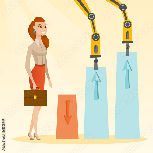 Robotic arms raise up business charts.