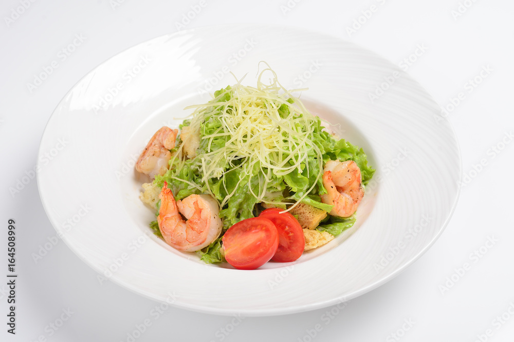 Caesar salad with tiger shrimps. White background, menu concept. Caesar salad with tiger shrimps. White background, menu concept.