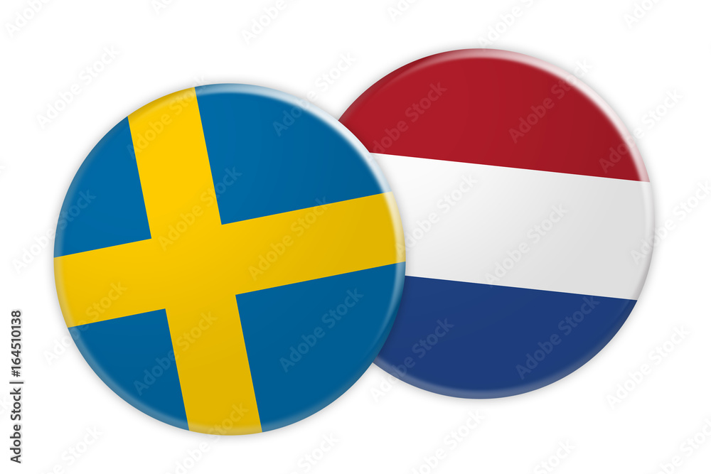 News Concept: Sweden Flag Button On Netherlands Flag Button, 3d illustration on white background News Concept: Sweden Flag Button On Netherlands Flag Button, 3d illustration on white background
