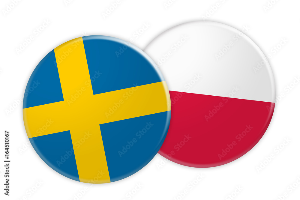News Concept: Sweden Flag Button On Poland Flag Button, 3d illustration on white background News Concept: Sweden Flag Button On Poland Flag Button, 3d illustration on white background