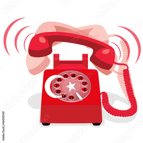 Ringing red stationary phone with flag of Turkey. Vector illustration.