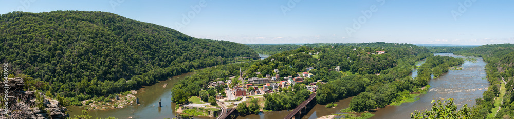 Wide Panorama Overlooking Harpers Ferry, West Virginia from Maryland Heights