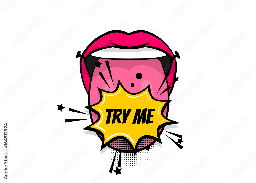 Obraz premium Pop art woman show tongue smile lips girl power, wow. Comics book balloon. Bubble speech phrase. Cartoon girl lipstick font label tag expression. Comic text sound effects. Vector illustration.
