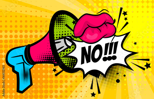 Pop art megaphone pink woman sexy lips NO, wow star. Comics book balloon. Bubble icon speech phrase. Cartoon girl lipstick font label tag expression. Comic text sound effects. Vector illustration.