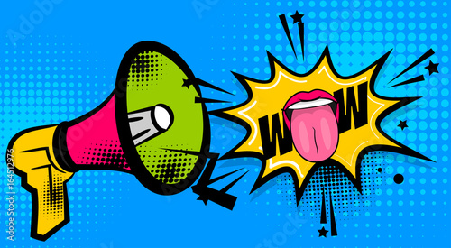 Pop art megaphone woman smile lips show tongue, wow. Comics book balloon. Bubble icon speech phrase. Cartoon girl lipstick font label tag expression. Comic text sound effects. Vector illustration.