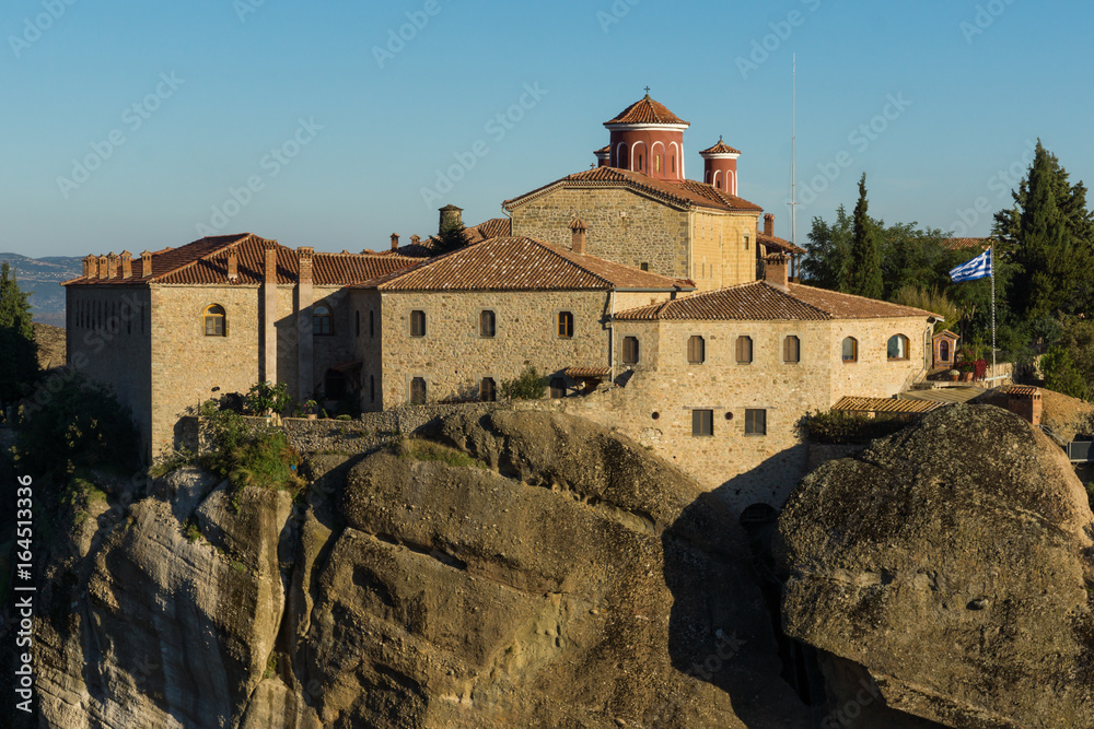 Amazing Sunset Landscape of Holy Monastery of St. Stephen in Meteora, Thessaly, Greece