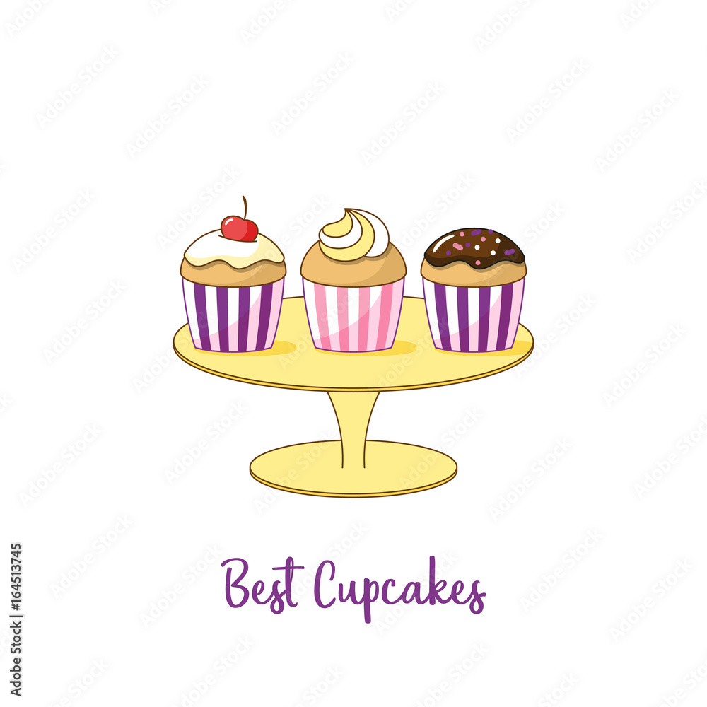 Three cupcakes on a stand isolated on a white background. Vector illustration.