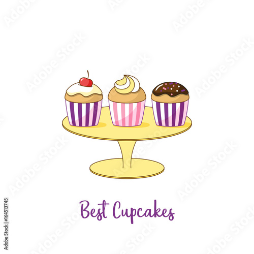 Three cupcakes on a stand isolated on a white background. Vector illustration.