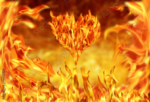 Conceptual image of burning heart shape and fire flames