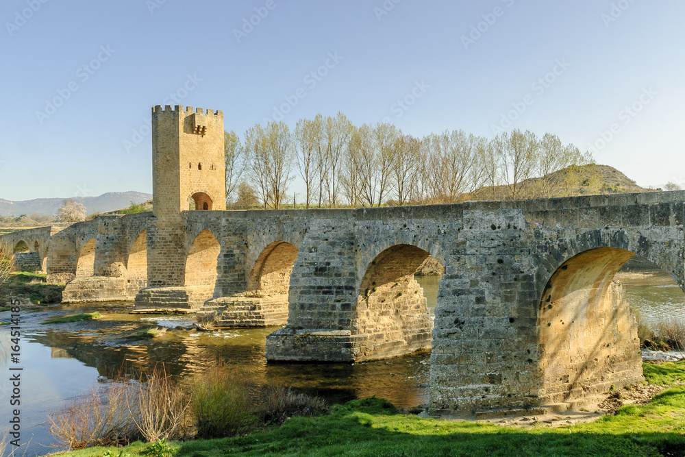 medieval bridge on the river Ebro in the city of Frias and of its castle in the north of the province of Burgos in Spain.