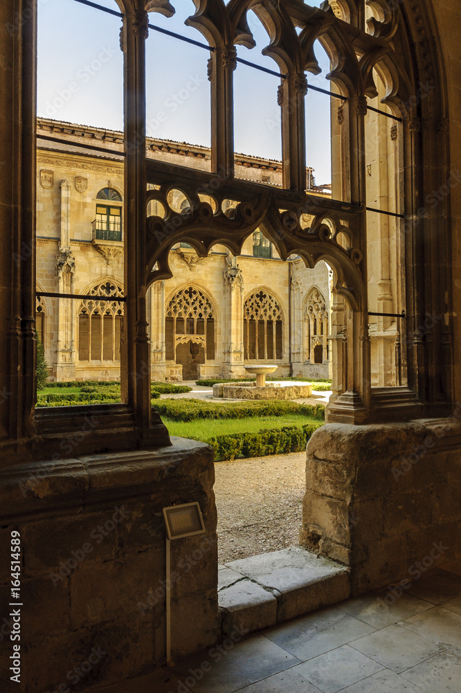sight of the courtyard of the cloister of the monastery of San Salvador in the Oña town in Burgos, Spain.
