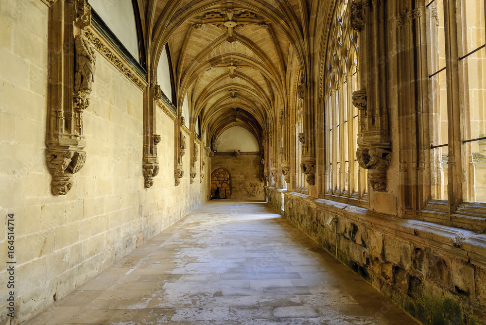sight of the galleries of the cloister of the monastery of San Salvador in the Oña town in Burgos, Spain.