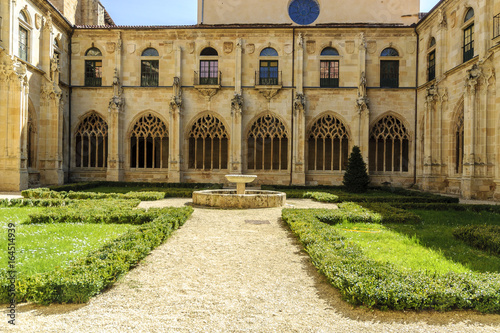 sight of the courtyard of the cloister of the monastery of San Salvador in the O  a town in Burgos  Spain.  