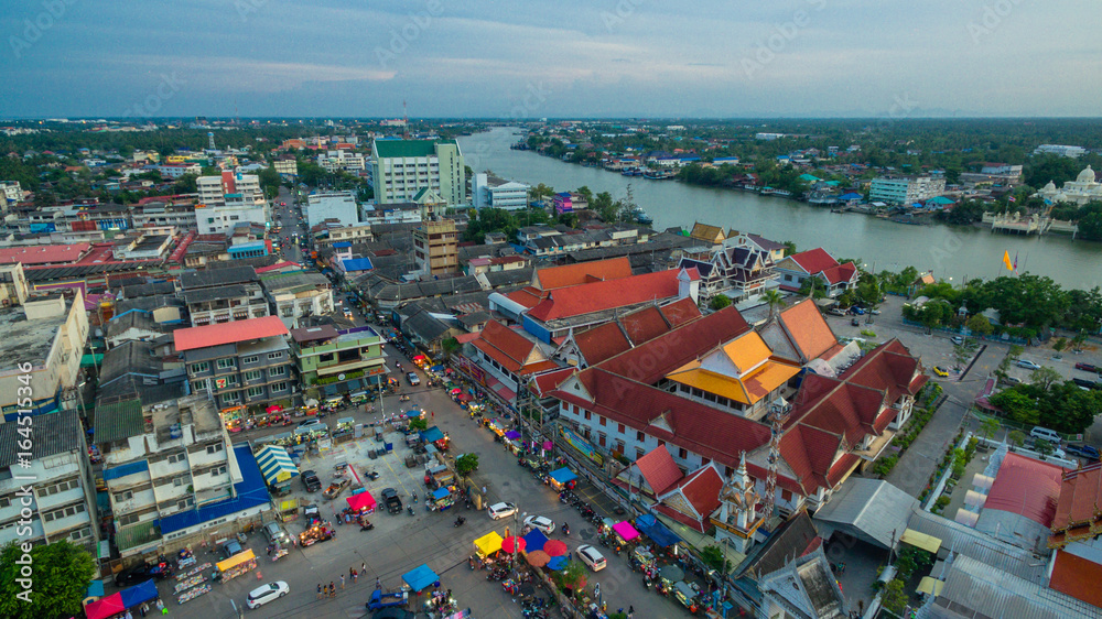 aerial photography Romhub market in sunset time