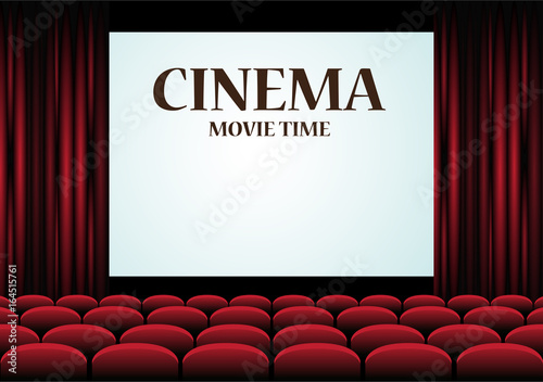 Movie Cinema auditorium with screen and red seats. Vector.