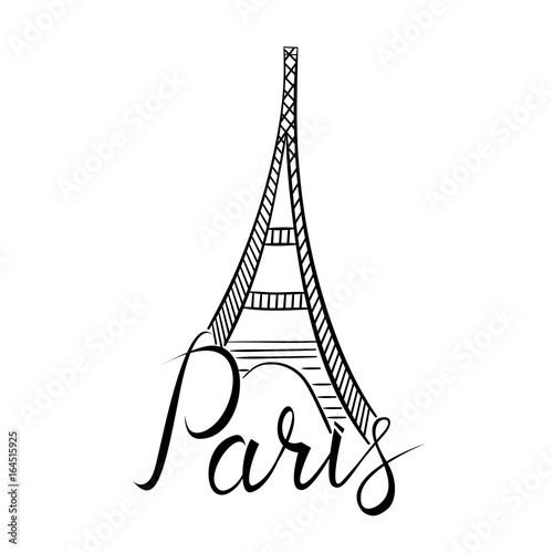 Paris word with eiffel tower. Paris. Ink hand lettering. Modern brush calligraphy. Handwritten phrase.