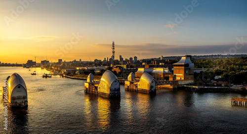 Thames tidal barrier at sunrise