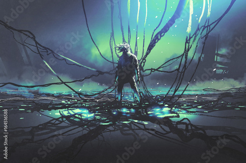 scene of futuristic man with many black cables against dark factory, digital art style, illustration painting