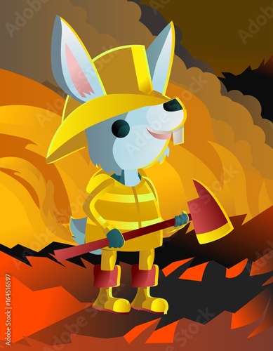 fireguard rabbit in fire with an axe photo