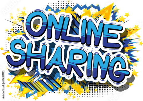 Online Sharing - Comic book style phrase on abstract background.