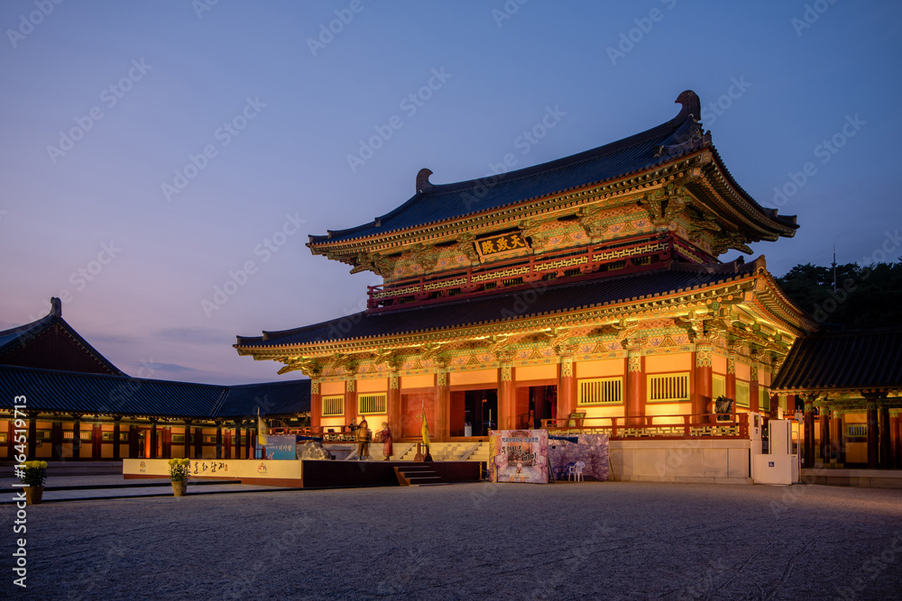 Fototapeta premium Buyeo, Korea - Night view of Baekje Cultural Heritage Complex.