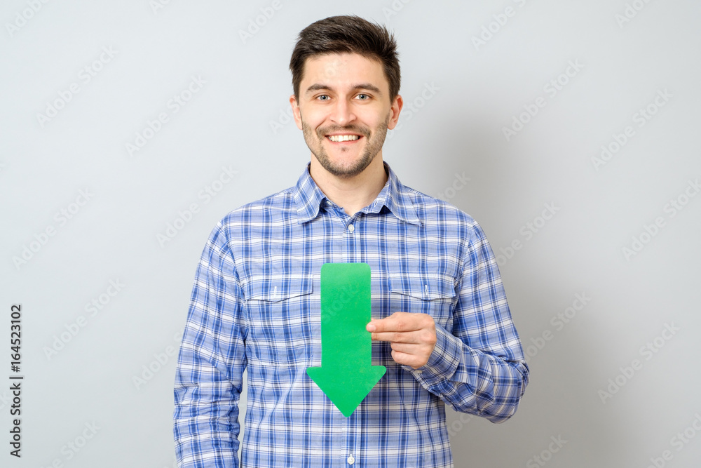 Man with arrow pointing to the down Man with arrow pointing to the down