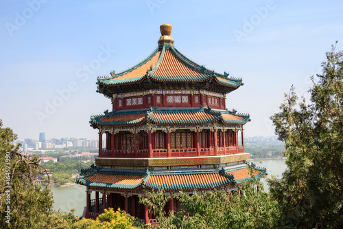 View on Pagoda tower in the Summer Palace imperial park in Beijing  China with the city in the background