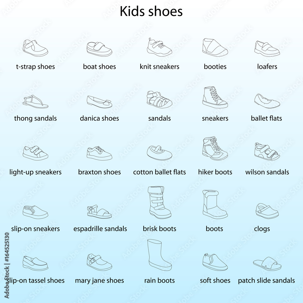 Kids shoes, set, collection of fashion footwear with names. Baby, girl, boy, child, childhood. Vector design isolated illustration. Black outlines, blue background.