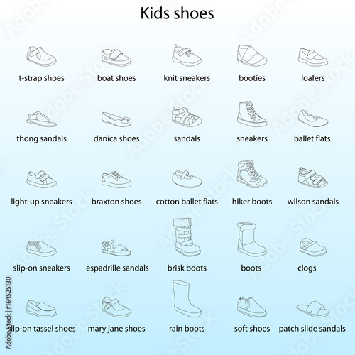 Kids shoes  set  collection of fashion footwear with names. Baby  girl  boy  child  childhood. Vector design isolated illustration. Black outlines  blue background.