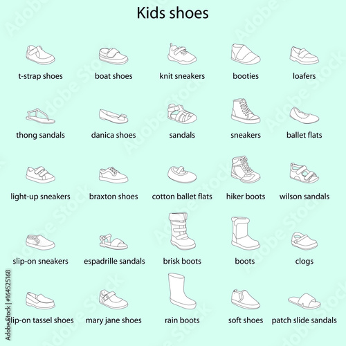 Kids shoes, set, collection of fashion footwear with names. Baby, girl, boy, child, childhood. Vector design isolated illustration. Black outlines, white images, blue background.