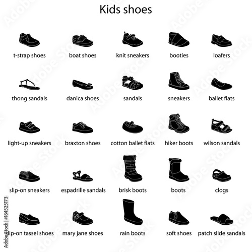 Kids shoes, set, collection of fashion footwear with names. Baby, girl, boy, child, childhood. Vector design isolated illustration. White outlines, black silhouettes, white background.