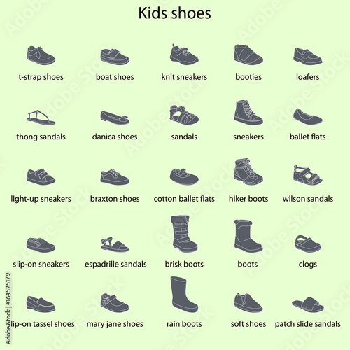 Kids shoes, set, collection of fashion footwear with names. Baby, girl, boy, child, childhood. Vector design isolated illustration. White outlines, gray silhouettes, green background.