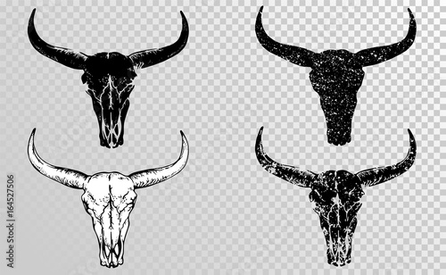 Vector set of black hand drawn skulls buffalo, bull or cow.