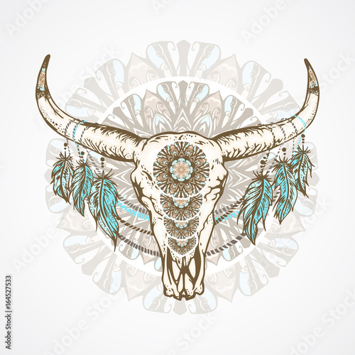Vector illustration with a wild buffalo skull with decorative patterns.